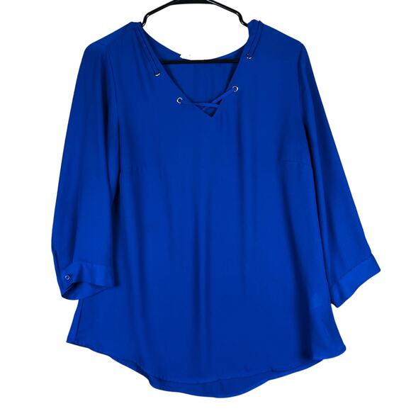 Maurices Womens Blouse Blue Sheer Flowy Criss Cross V Neck Long Sleeve Medium - Picture 1 of 12